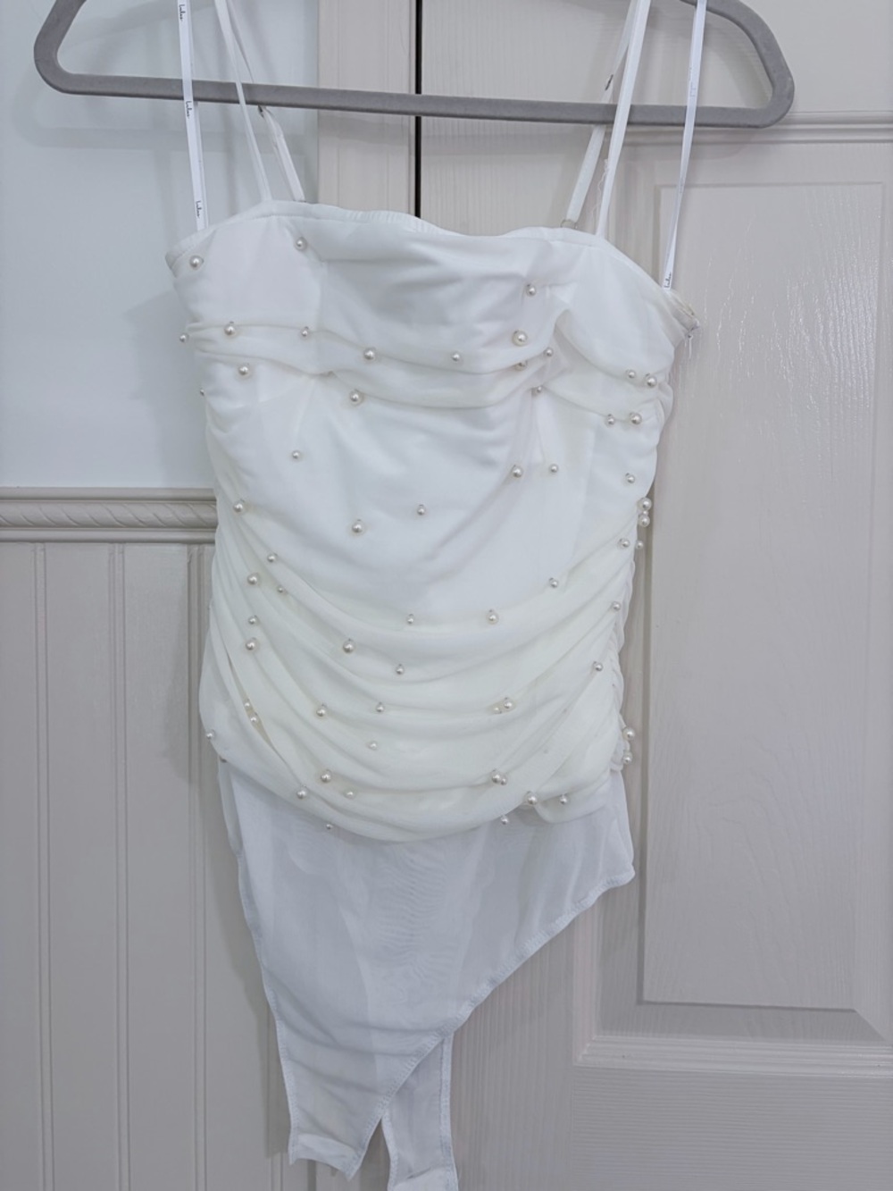 Lulu's Ivory Pearl-Embellished Asymmetrical Bodysuit